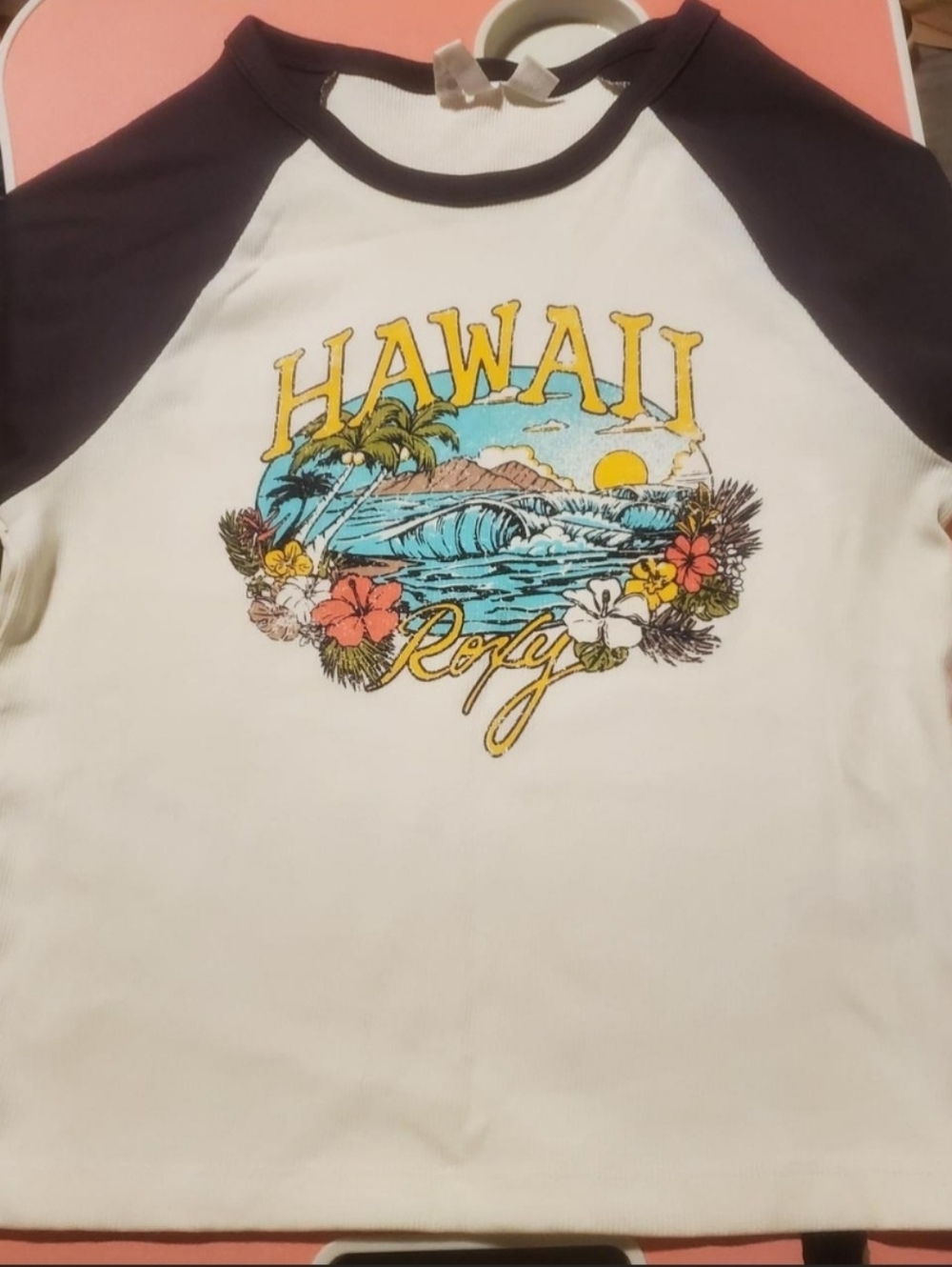 Roxy Girls Tee with Black Raglan Sleeves and Hawaii Graphic